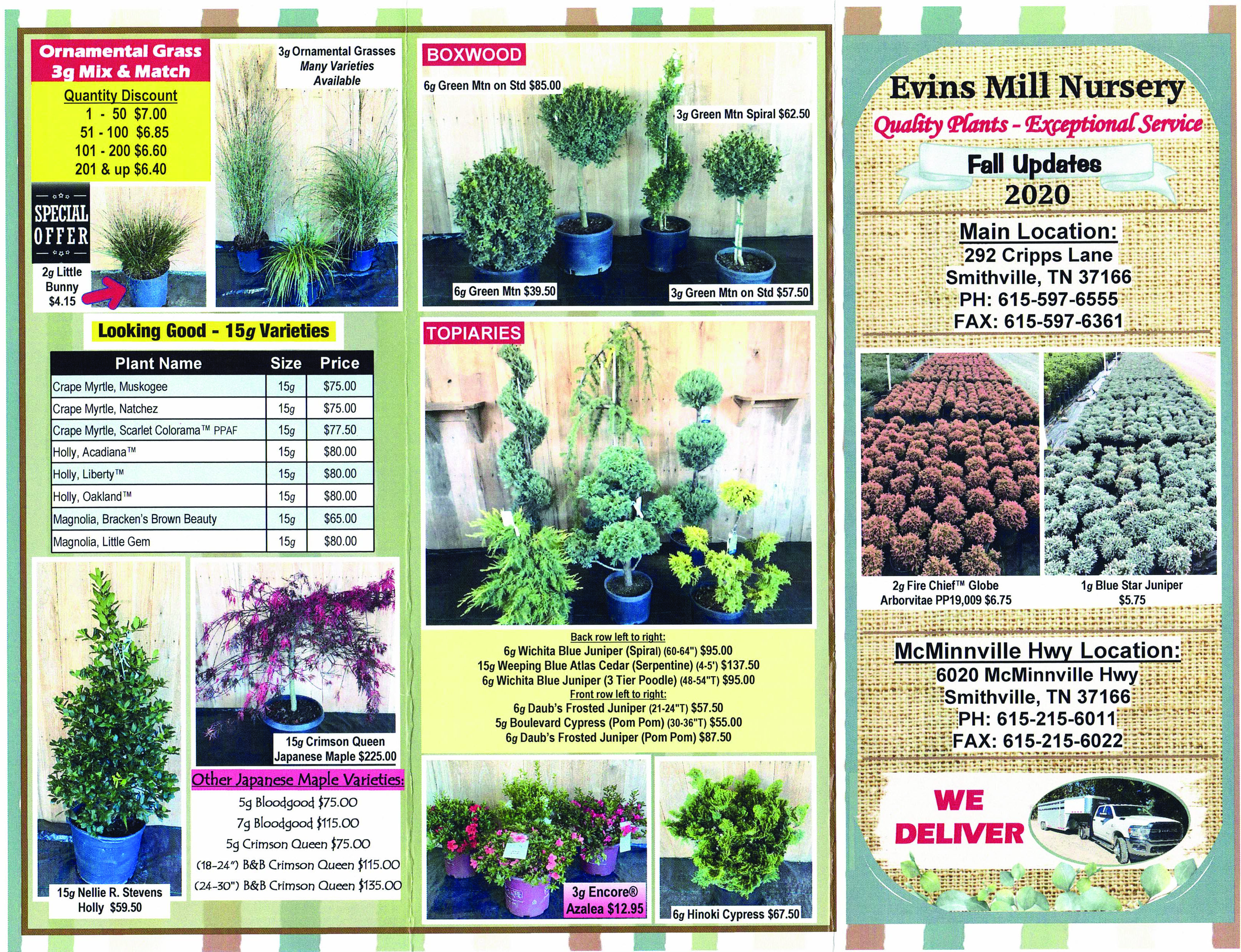 Evins Mill Nursery Wholesale container grower located in Smithville, Tennessee